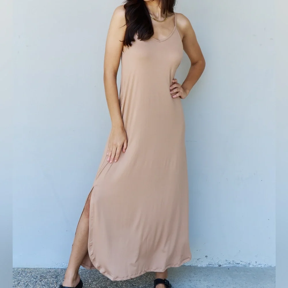 SALE! Ninexis Good Energy Full Size Cami Side Slit Maxi Dress in Camel Tan - Picture 1 of 5